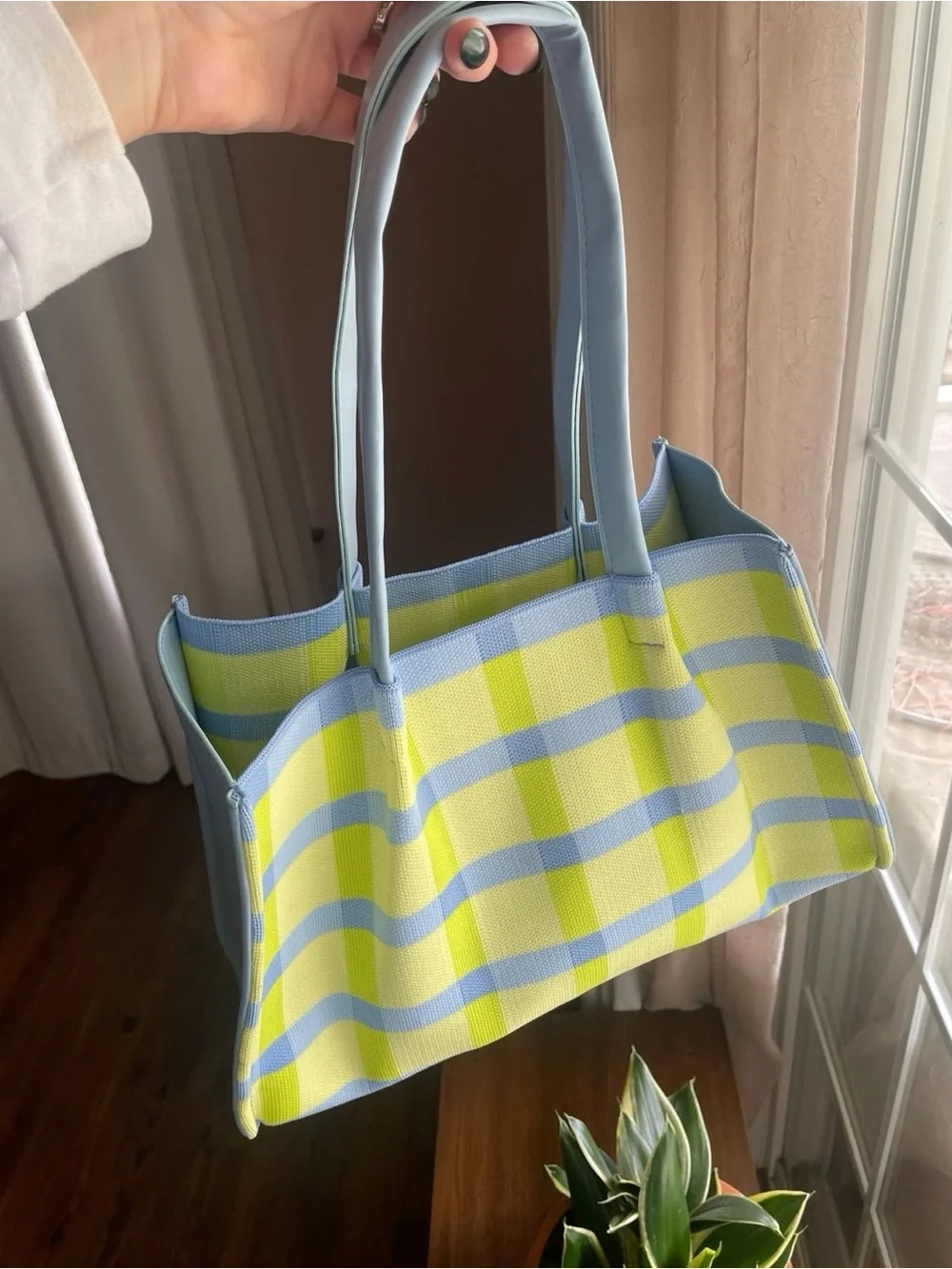 Neiman Marcus Light Blue & Lime Plaid Tote Bag